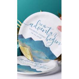 Prato De Papel Que A Aventura Comece Um Casamento Dourado Azul De