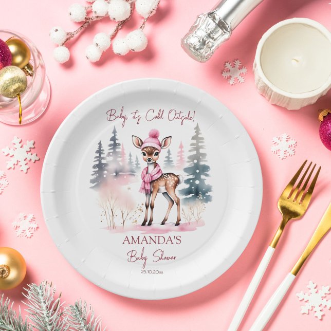 Prato De Papel Querida, está frio lá fora, chá de fraldas de vead (Baby it's cold outside cute baby deer baby shower tableware personalized party plates template)