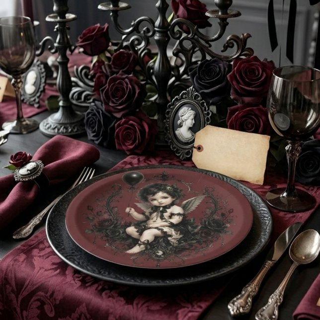 Prato De Papel Querubim Gótico Rosa Negra Romance Sombrio (Criador carregado)