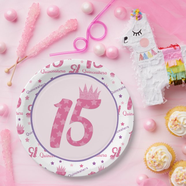 Prato De Papel Quinceañera 15 Aniversário Coroa Púrpura Rosa Rosa (Festa)