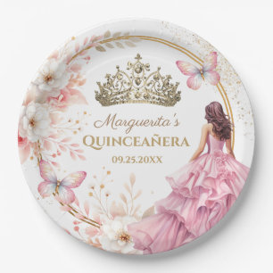 Prato De Papel Quinceañera Blush Floral Rosa Dourada Tiara Borbol