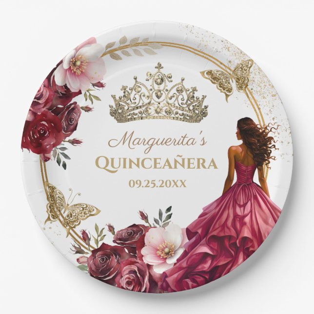 Prato De Papel Quinceañera Burgundy Blush Dourada Princesa Floral (Frente)