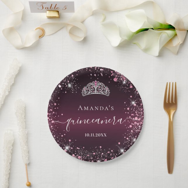 Prato De Papel Quinceanera burgundy rosa tiara name script (Casamento)