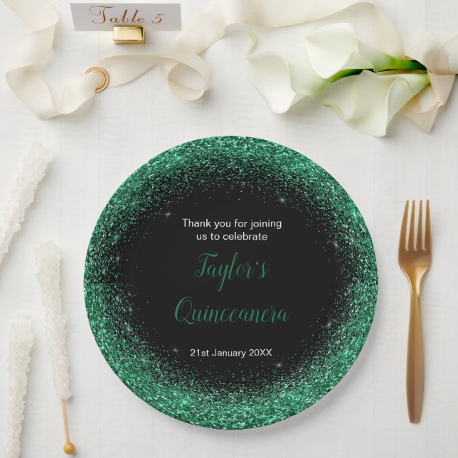 Prato De Papel Quinceanera Dark Green Faux Glitter (Casamento)