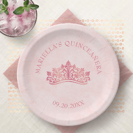 Prato De Papel Quinceanera Elegante - Coroa Rosa Tiara Rosa