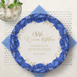Prato De Papel Quinceanera Floral Real Azul