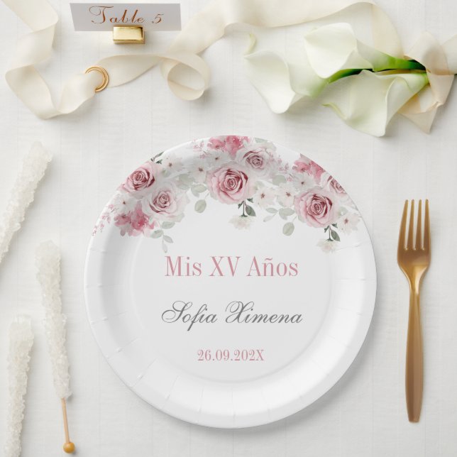 Prato De Papel Quinceañera Floral Rosa Esmagada (Casamento)