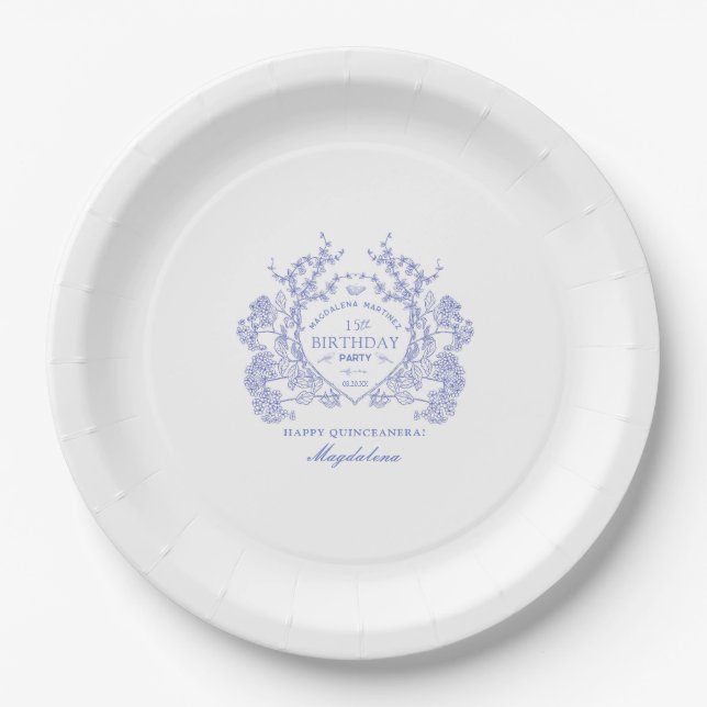 Prato De Papel Quinceanera French Blue Floral Crest Personalizada (Frente)