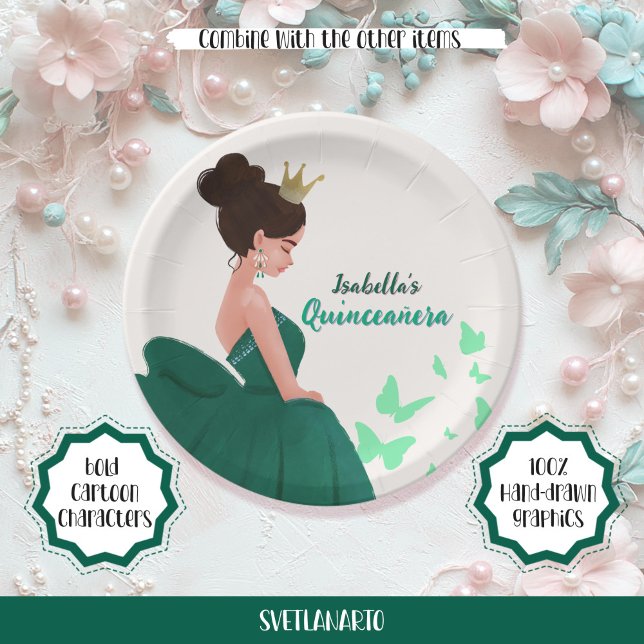 Prato De Papel Quinceañera Green Elegante Princesa Placa de Papel (Criador carregado)