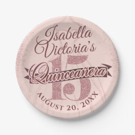 Prato De Papel Quinceanera Rosa Dourada Glitter Sparkle
