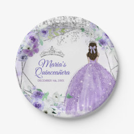 Prato De Papel Quinceañera Silver & Purple Flowers aquarela