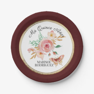 Prato De Papel Quinceanera Watercolor Floral com Borboleta