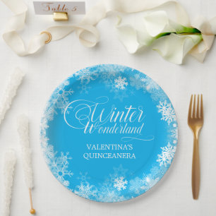 Prato De Papel Quinceanera Winter Wonderland Snowflake Blue