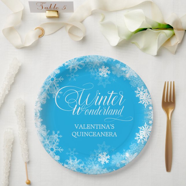 Prato De Papel Quinceanera Winter Wonderland Snowflake Blue (Casamento)