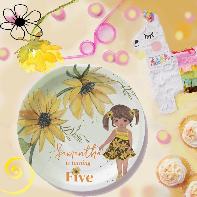 Prato De Papel Quinta Garota de Cores de Cama de Girassol (Little Sunflower Watercolor Fifth Girl Birthday Paper Plates)