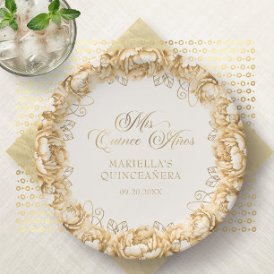 Prato De Papel Quinzeanera Floral em Ouro Amarelo