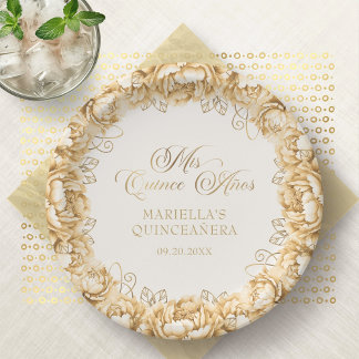 Prato De Papel Quinzeanera Floral em Ouro Amarelo