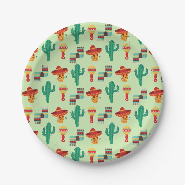 Prato De Papel Quirky Mexicano Cactus e Sombrero Patterno (Frente)
