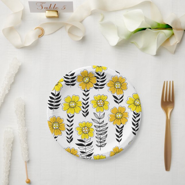 Prato De Papel Rabiscos de margarida em amarelo e preto (Casamento)