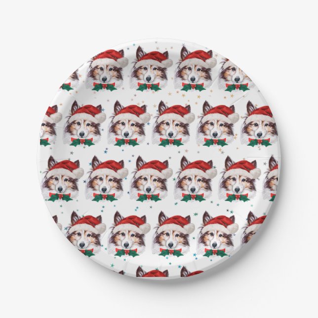 Prato De Papel Raça de Cão Sheltie Estrelas de Natal (Frente)