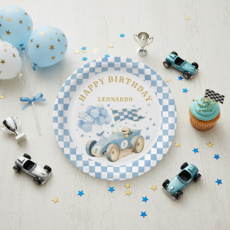 Prato De Papel Race Car Blue Watercolor Boy First Birthday