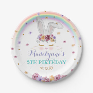 Prato De Papel Rainbow Bunny Watercolor Floral Bunny Aniversário