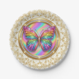 Prato De Papel Rainbow Glitter Butterfly Elegant Lace Party