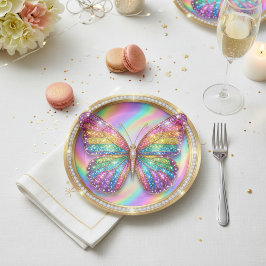 Prato De Papel Rainbow Glitter Butterfly Party Paper Plates