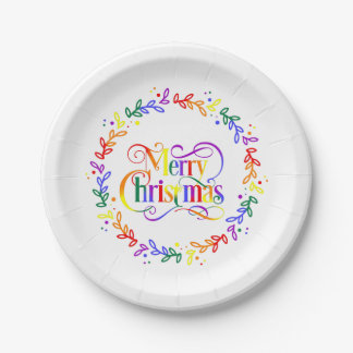 Prato De Papel Rainbow Merry Christmas Wreath Paper Plates