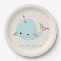 Rainbow Narwhal Kawaii Padrão Pastel Nome Azul
