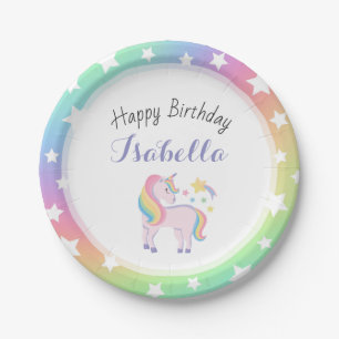 Prato De Papel Rainbow Stars & Magical Unicorn Happy Birday