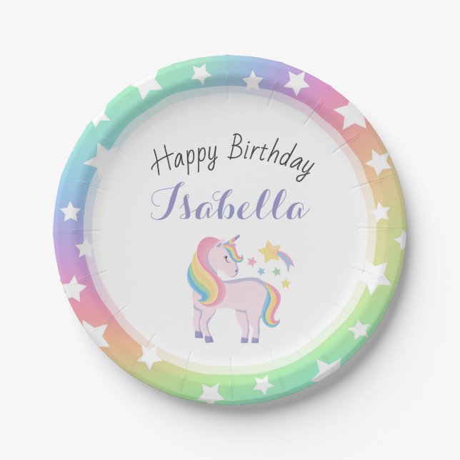 Prato De Papel Rainbow Stars & Magical Unicorn Happy Birday (Frente)