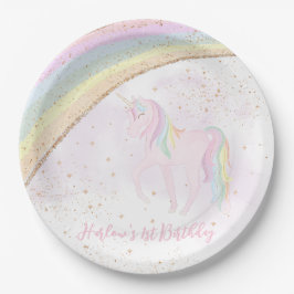 Prato De Papel Rainbow Unicorn primeiro aniversario Girls Pastel