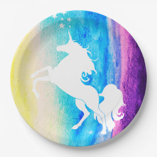 Prato De Papel Rainbow Watercolor & White Unicorn Silhouette