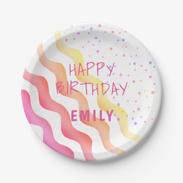 Prato De Papel Rainbow Waves Stars Girly Festa de aniversário (Frente)