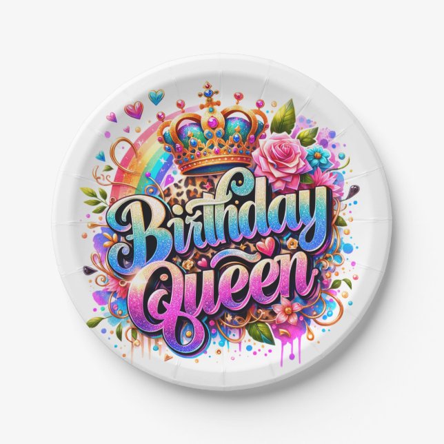 Prato De Papel Rainha de Aniversário Arco-Íris Floral (Frente)