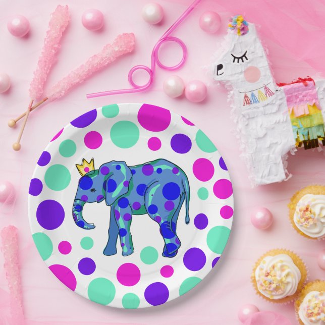 Prato De Papel Rainha Elefante com Placas de Papel de Bolinhas (Festa)
