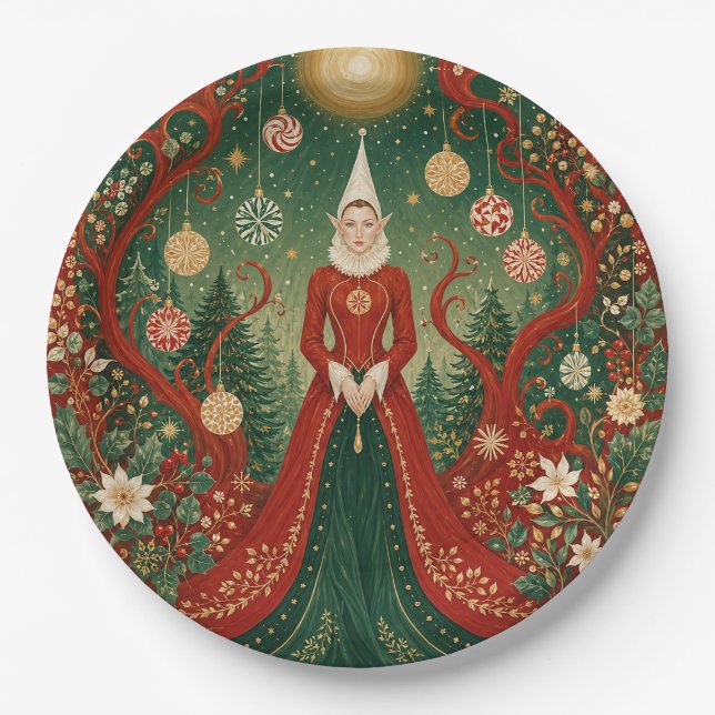 Prato De Papel Rainha Elfa da Floresta Enluarada de Natal (Frente)