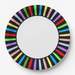 Prato De Papel Raios Multicoloridos em Festa Preto e Branco