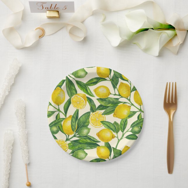 Prato De Papel Ramais de limão em verde e amarelo (Casamento)