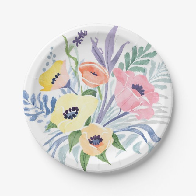 Prato De Papel Ramalhete de Flores de Primavera | Aquarela Floral (Frente)