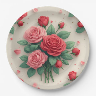 Prato De Papel Ramalhetes de Rosas Rosa e Vermelho Elegantes