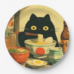 Prato De Papel Ramen Comendo Gato Negro Engraçado