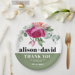 Prato De Papel Ramos Eucalyptus com rosas cor-de-rosa, casamento 