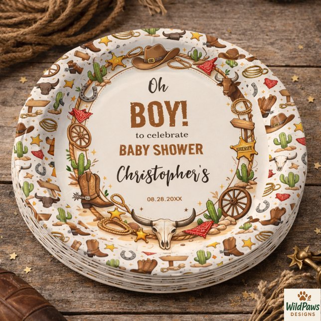 Prato De Papel Rancho de Rodeio Cowboy Far West | Bebê Western Rú (Cowboy Wild West Rodeo Ranch | Rustic Western Baby PAPER PLATE)