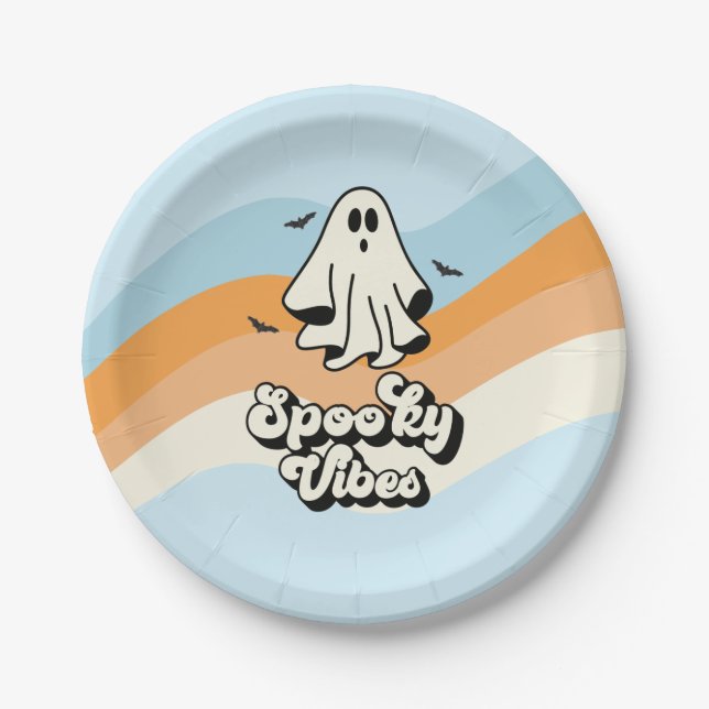 Prato De Papel rancho Ghost retro Halloween Spooky Vibes Azul (Frente)