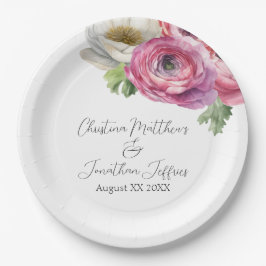Prato De Papel Ranúnculo Rosa e Branco em Aquarela Romântica