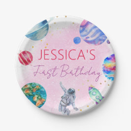 Prato De Papel Rapariga Astronauta Dourada, Planeta de Nave Rosa