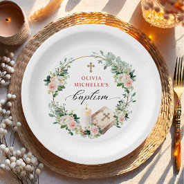 Prato De Papel Rapariga Baptism Christening Floral Cross