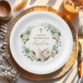 Prato De Papel Rapariga Baptism Christening Floral Cross